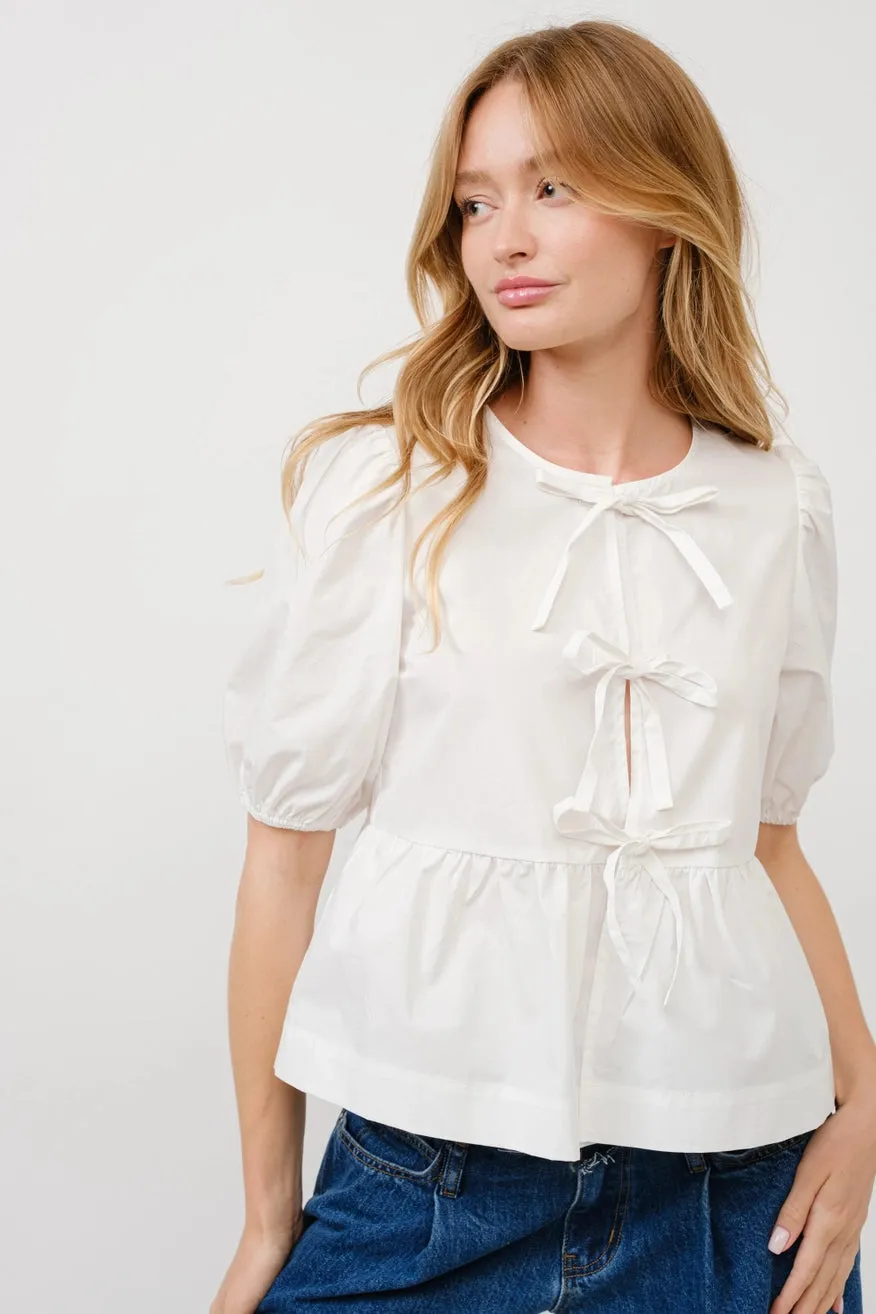 Poplin Front Bow Puff Sleeve Top