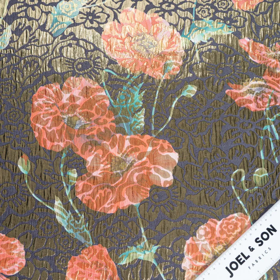 Poppy Printed Ink Blue Silk Metallic Jacquard