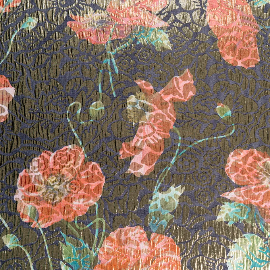 Poppy Printed Ink Blue Silk Metallic Jacquard