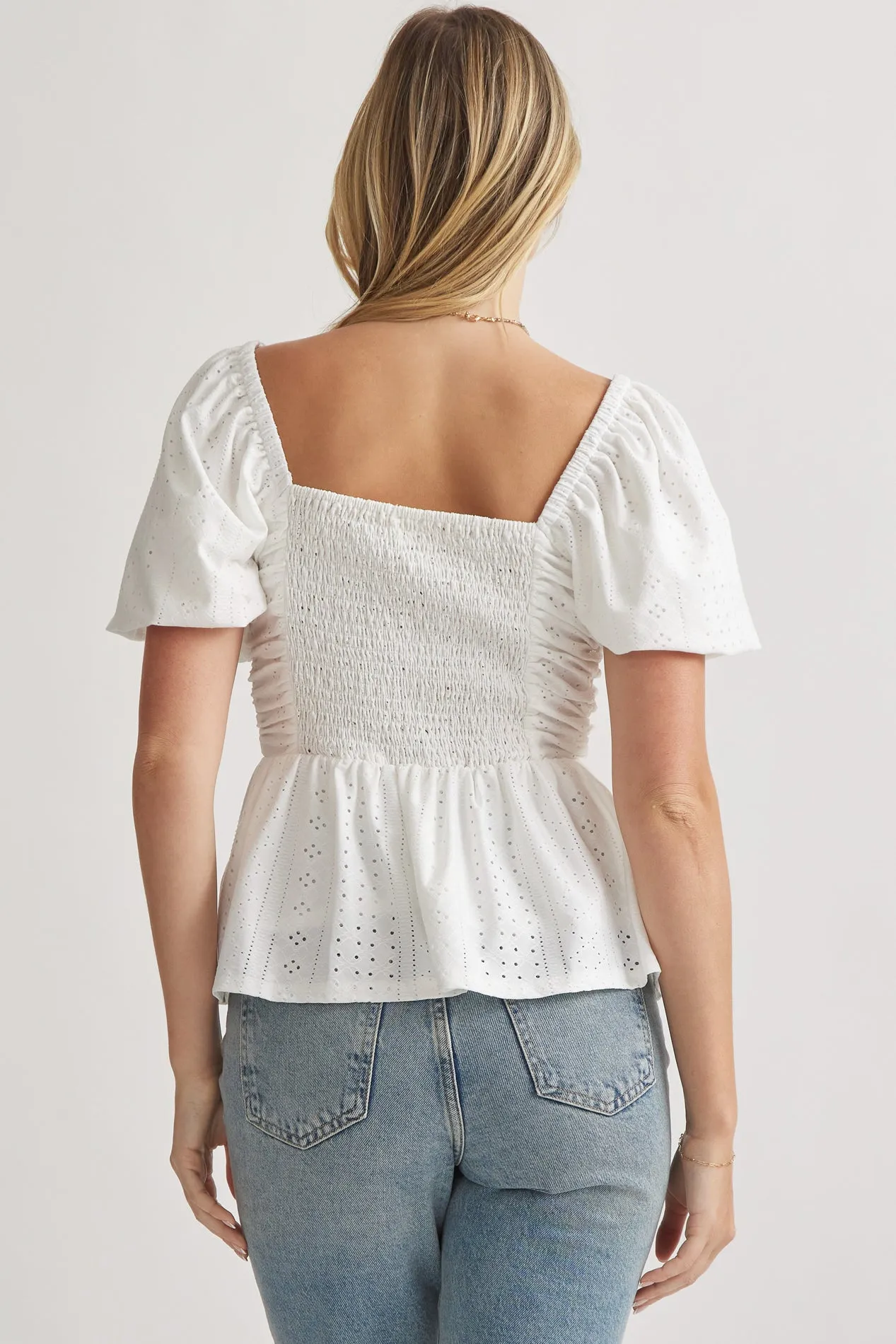 Puff Sleeve Eyelet Sweetheart Neckline Top