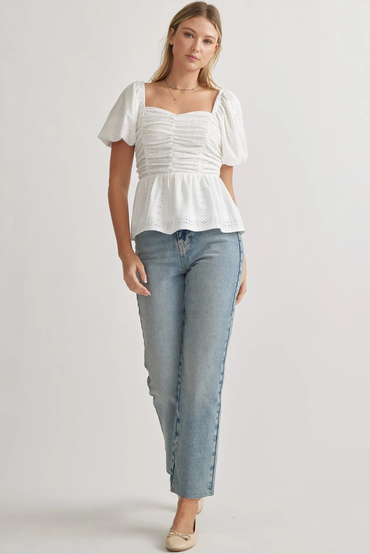 Puff Sleeve Eyelet Sweetheart Neckline Top