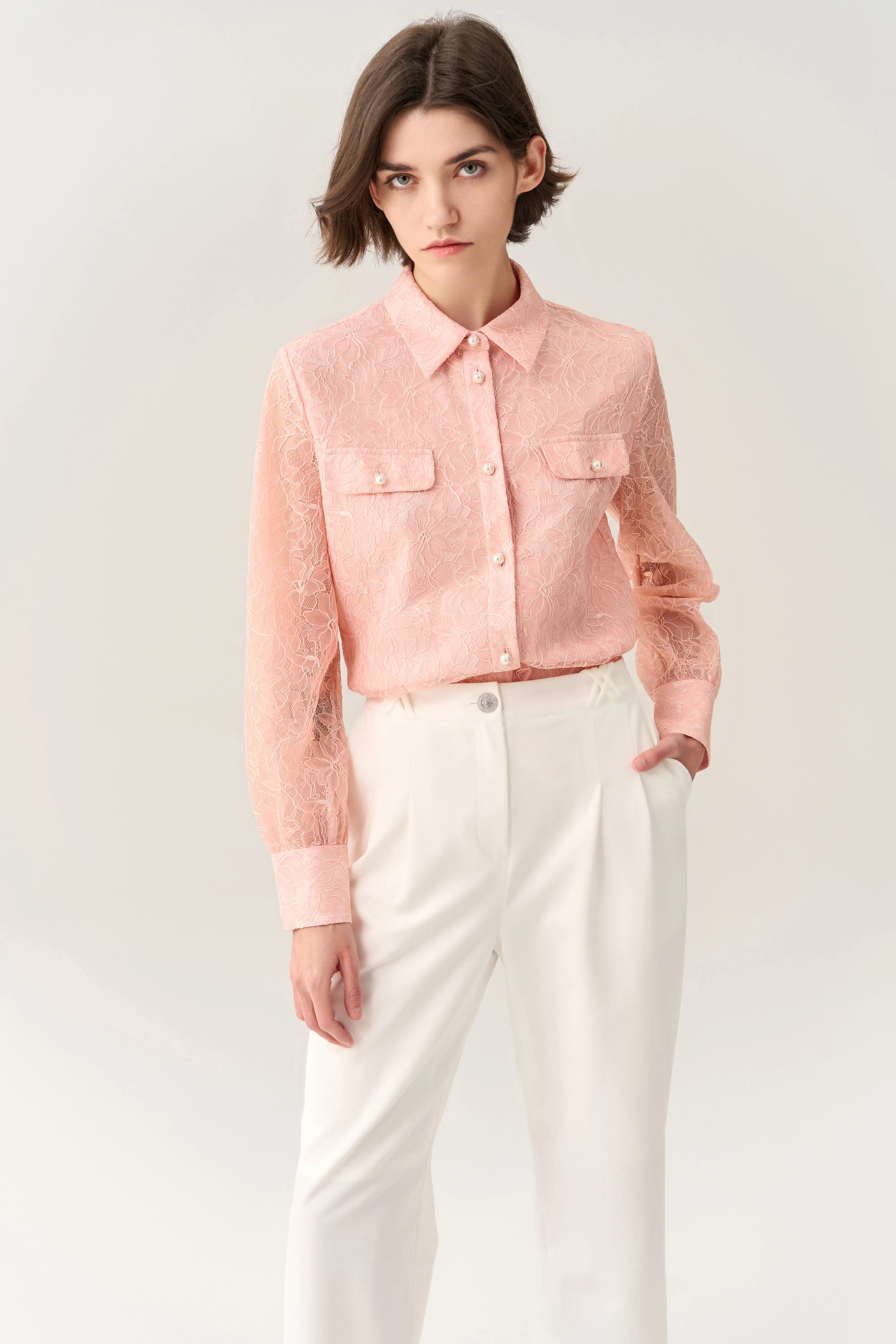 Puff-sleeve Lace Lapel Shirt