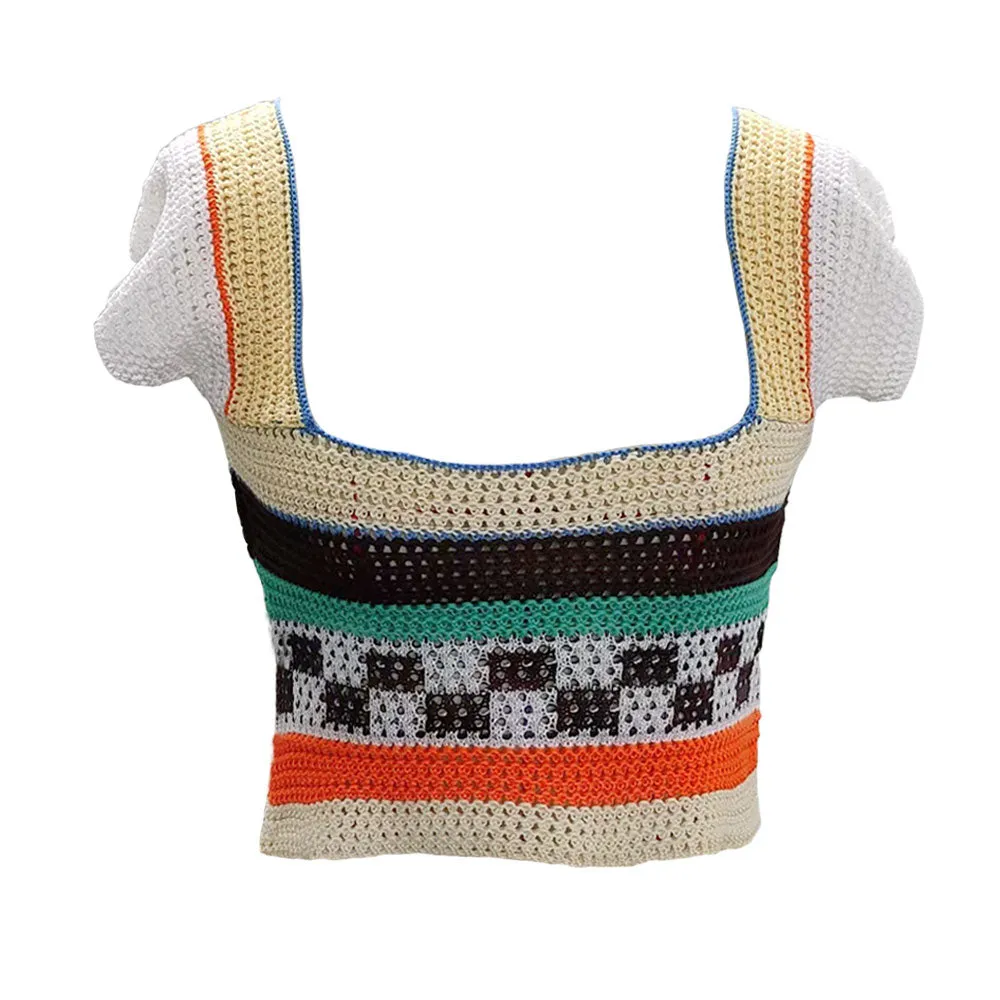 Rainbow Striped Square Neck Cap Sleeve Crochet Open Knit Cropped Top