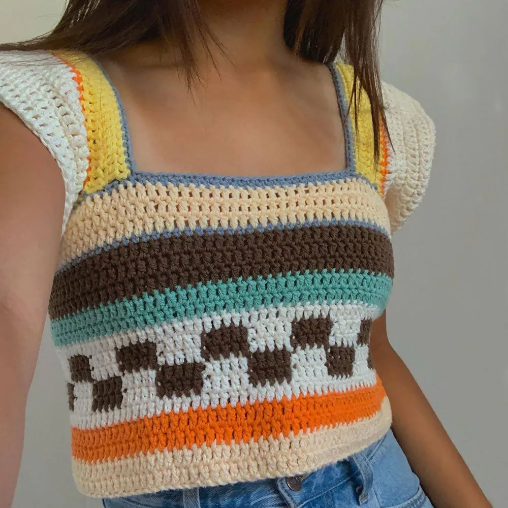 Rainbow Striped Square Neck Cap Sleeve Crochet Open Knit Cropped Top