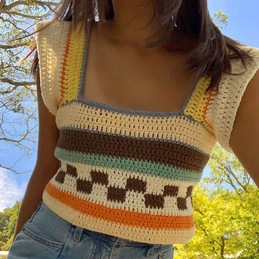 Rainbow Striped Square Neck Cap Sleeve Crochet Open Knit Cropped Top