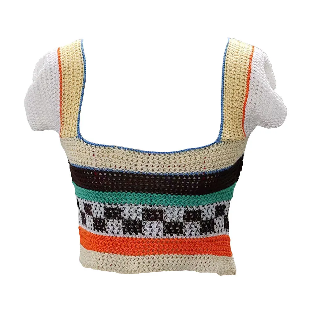 Rainbow Striped Square Neck Cap Sleeve Crochet Open Knit Cropped Top