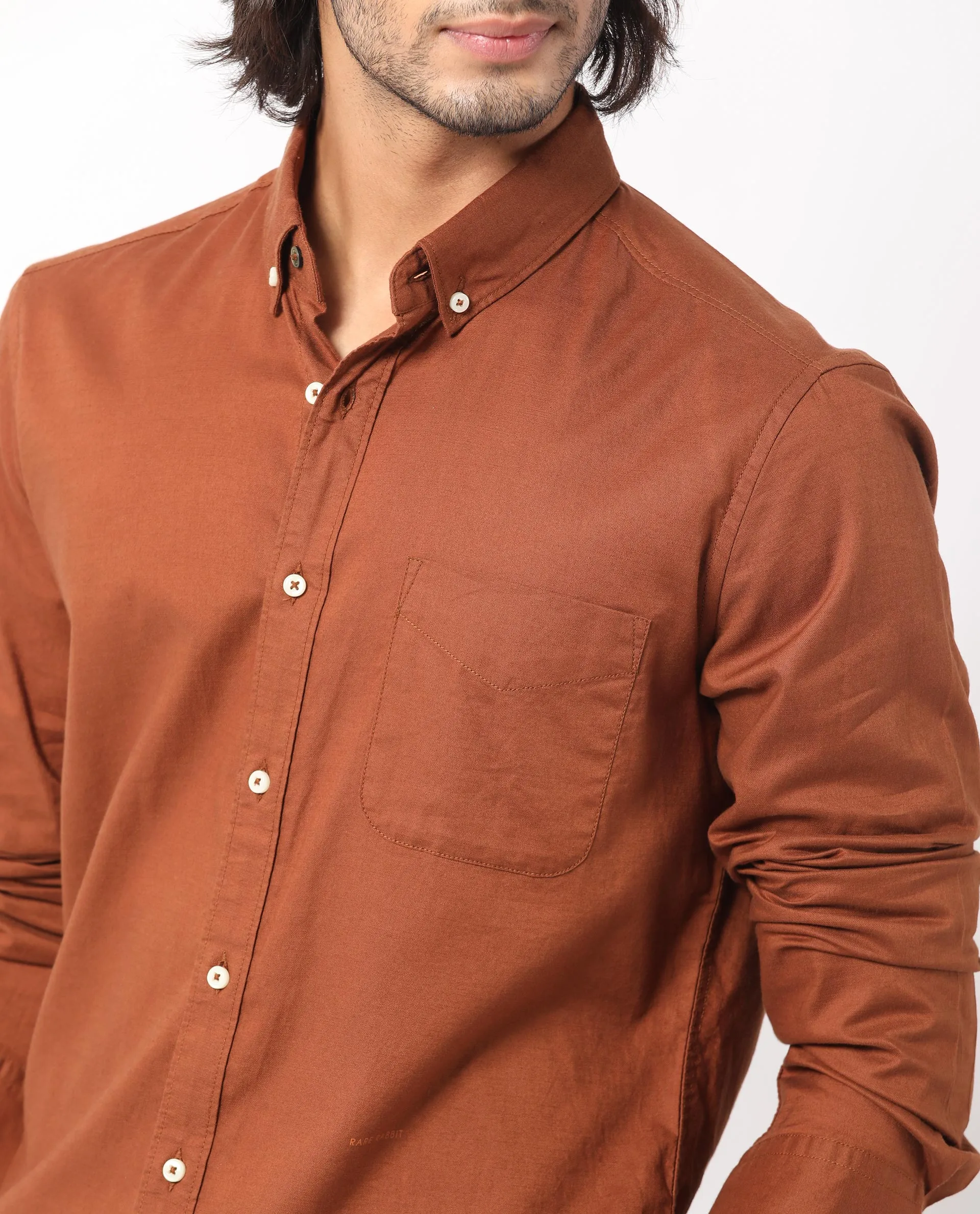 Rare Rabbit Men's Auxfo Brown Cotton Fabric Full Sleeves Solid Shirt