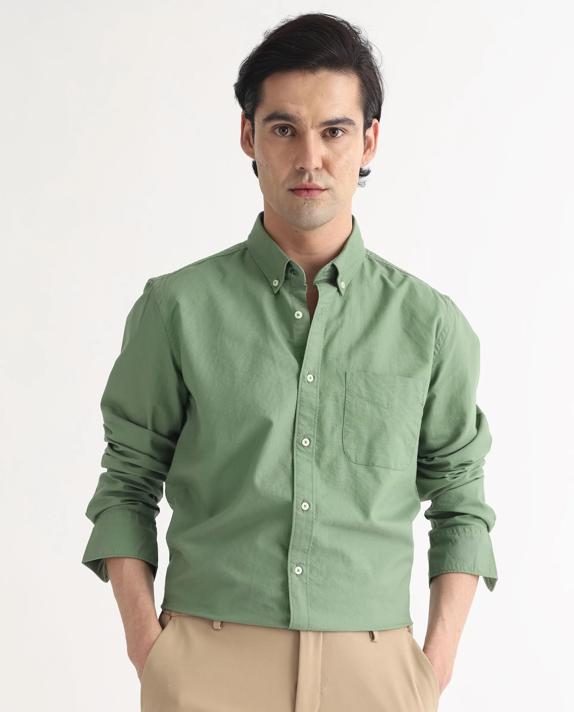 Rare Rabbit Men's Auxfo Green Cotton Fabric Full Sleeves Solid Shirt