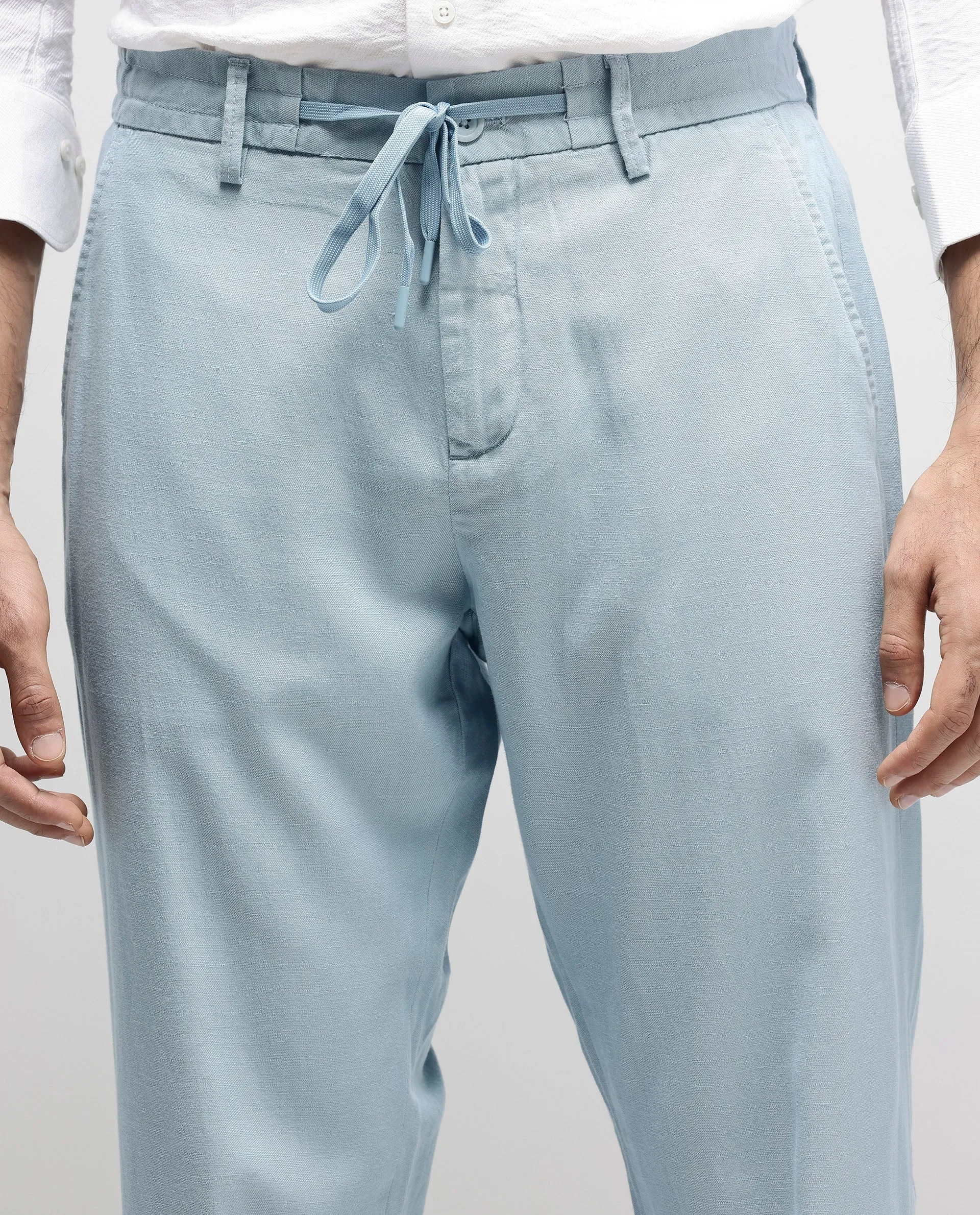 Rare Rabbit Mens Reric Pastel Blue Drawstring Closure Solid Linen Trouser