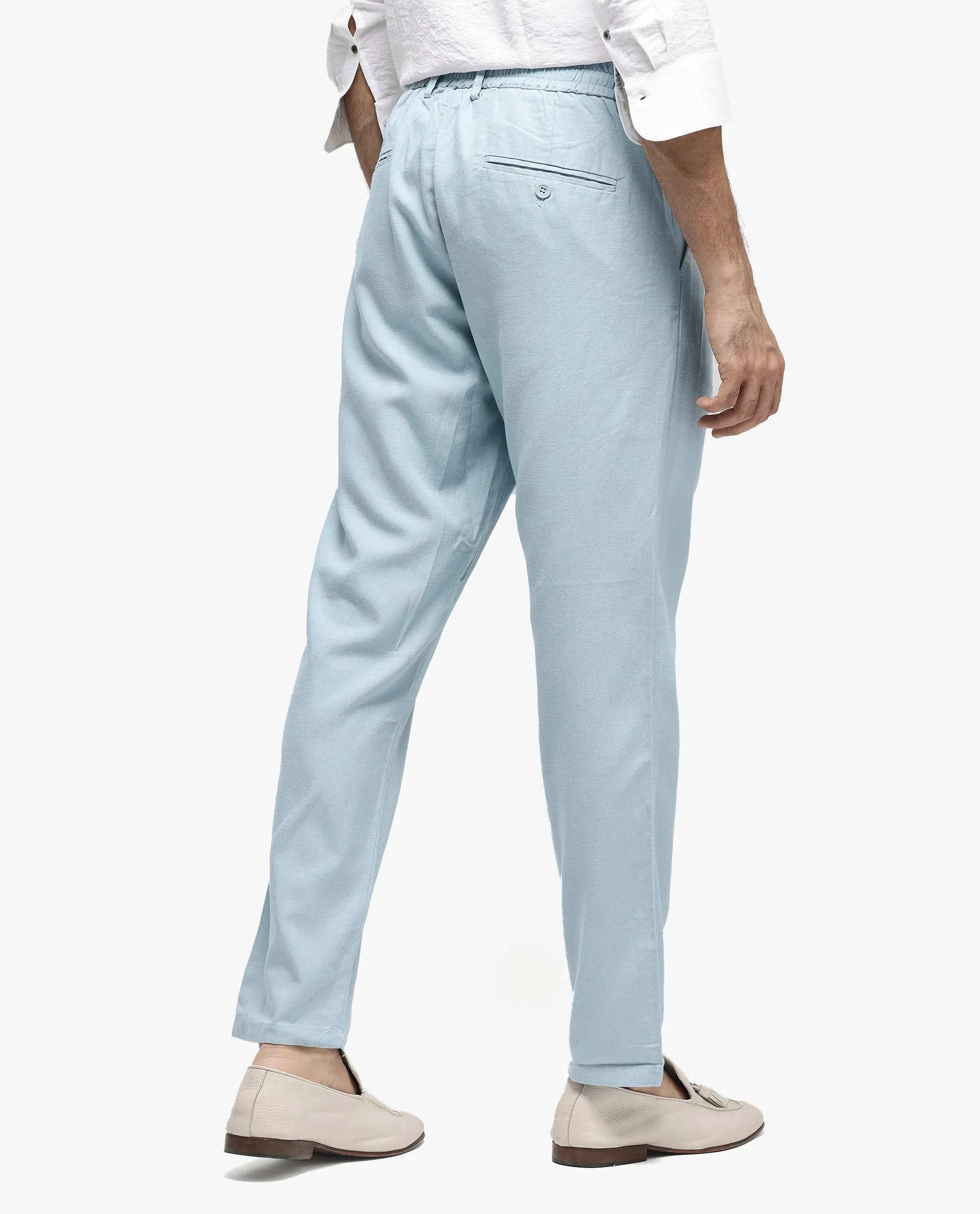 Rare Rabbit Mens Reric Pastel Blue Drawstring Closure Solid Linen Trouser