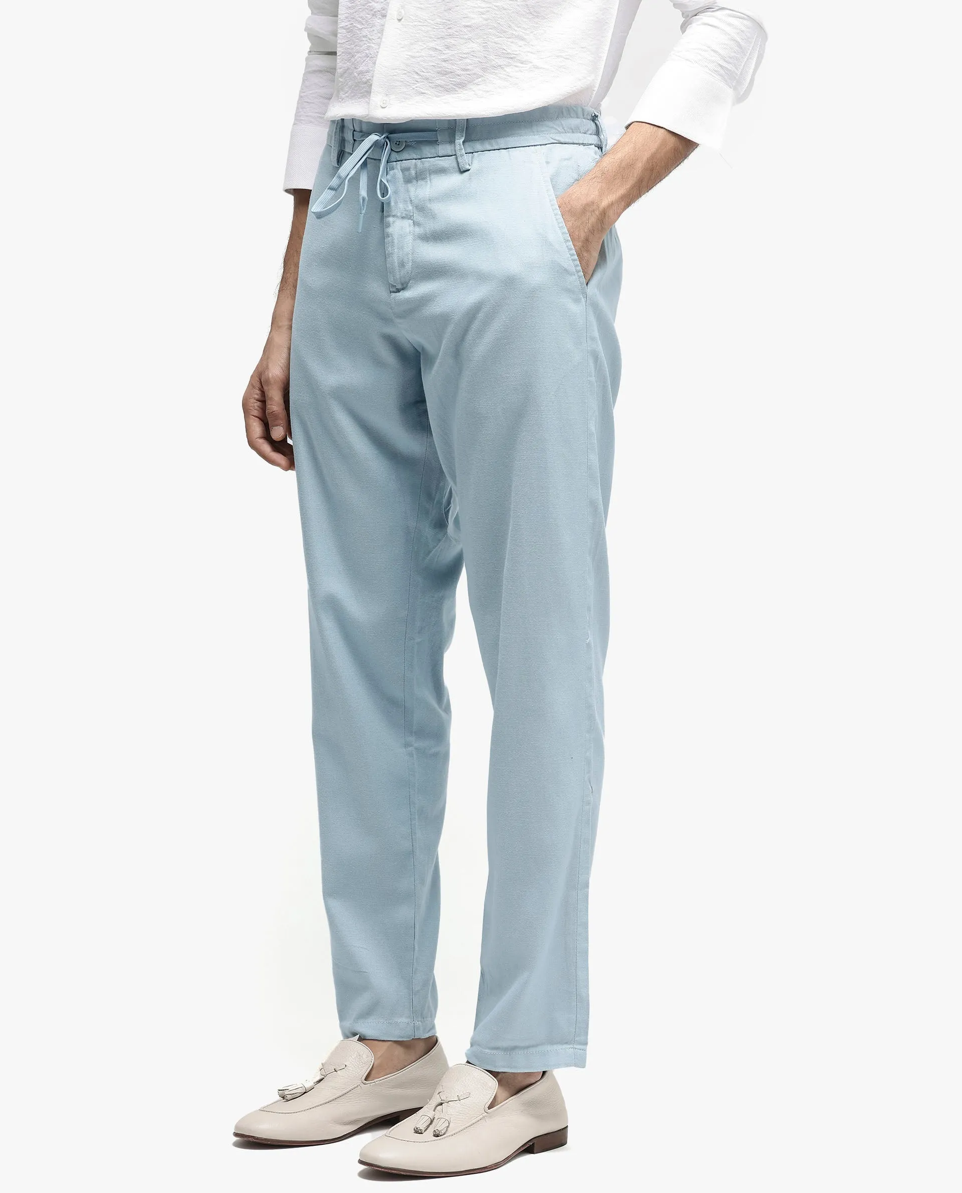 Rare Rabbit Mens Reric Pastel Blue Drawstring Closure Solid Linen Trouser