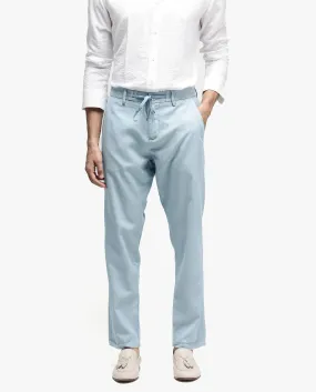 Rare Rabbit Mens Reric Pastel Blue Drawstring Closure Solid Linen Trouser