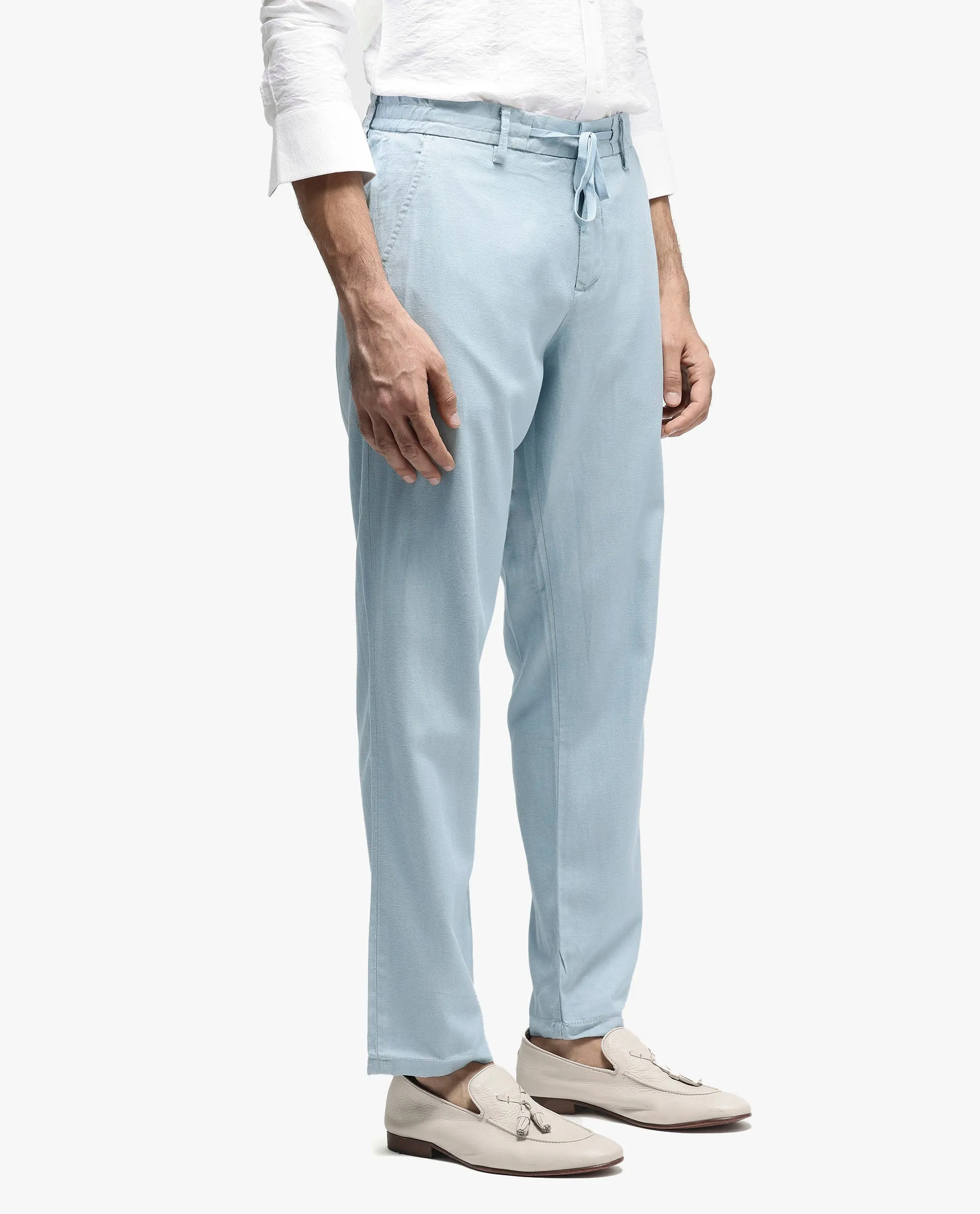 Rare Rabbit Mens Reric Pastel Blue Drawstring Closure Solid Linen Trouser