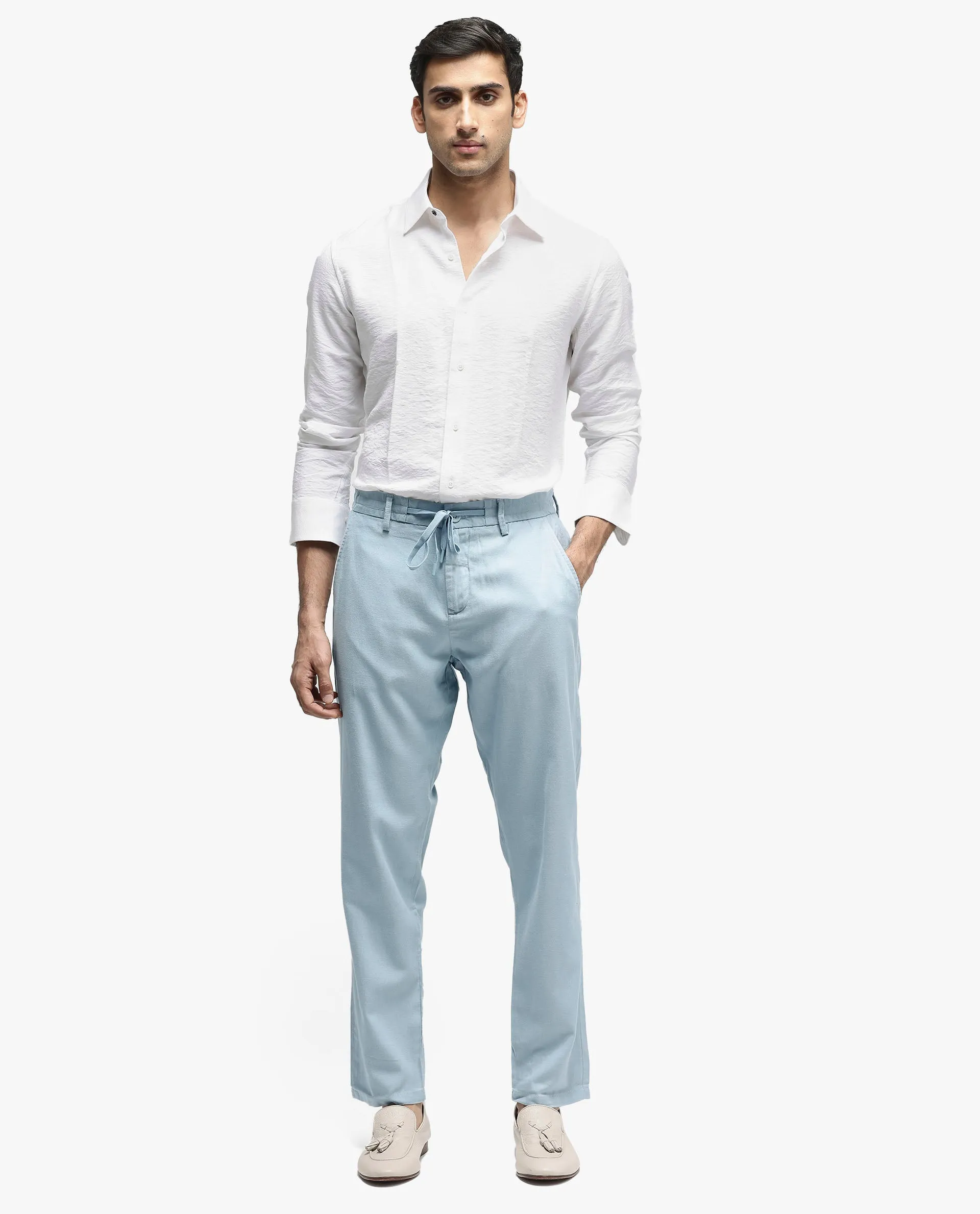 Rare Rabbit Mens Reric Pastel Blue Drawstring Closure Solid Linen Trouser