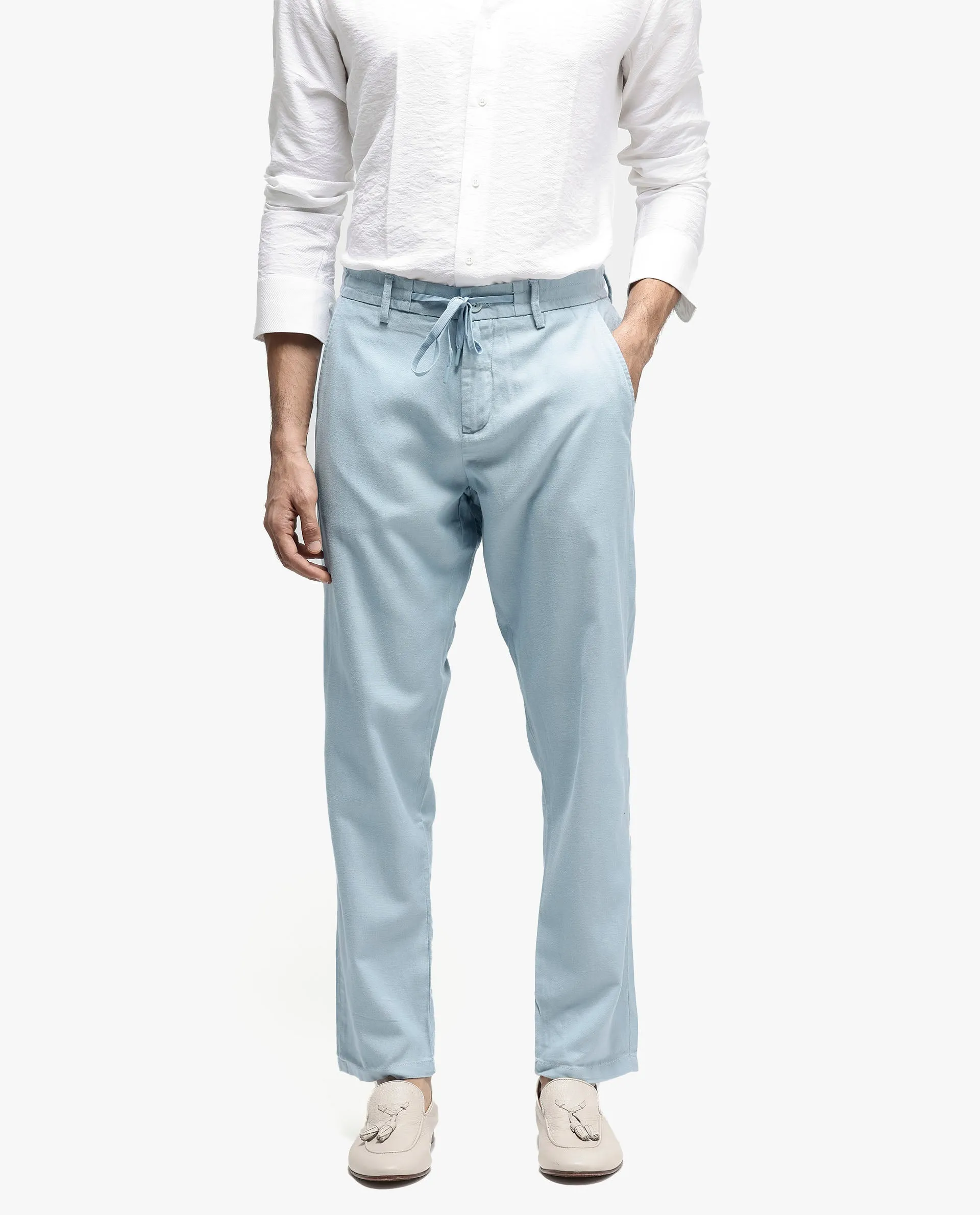 Rare Rabbit Mens Reric Pastel Blue Drawstring Closure Solid Linen Trouser