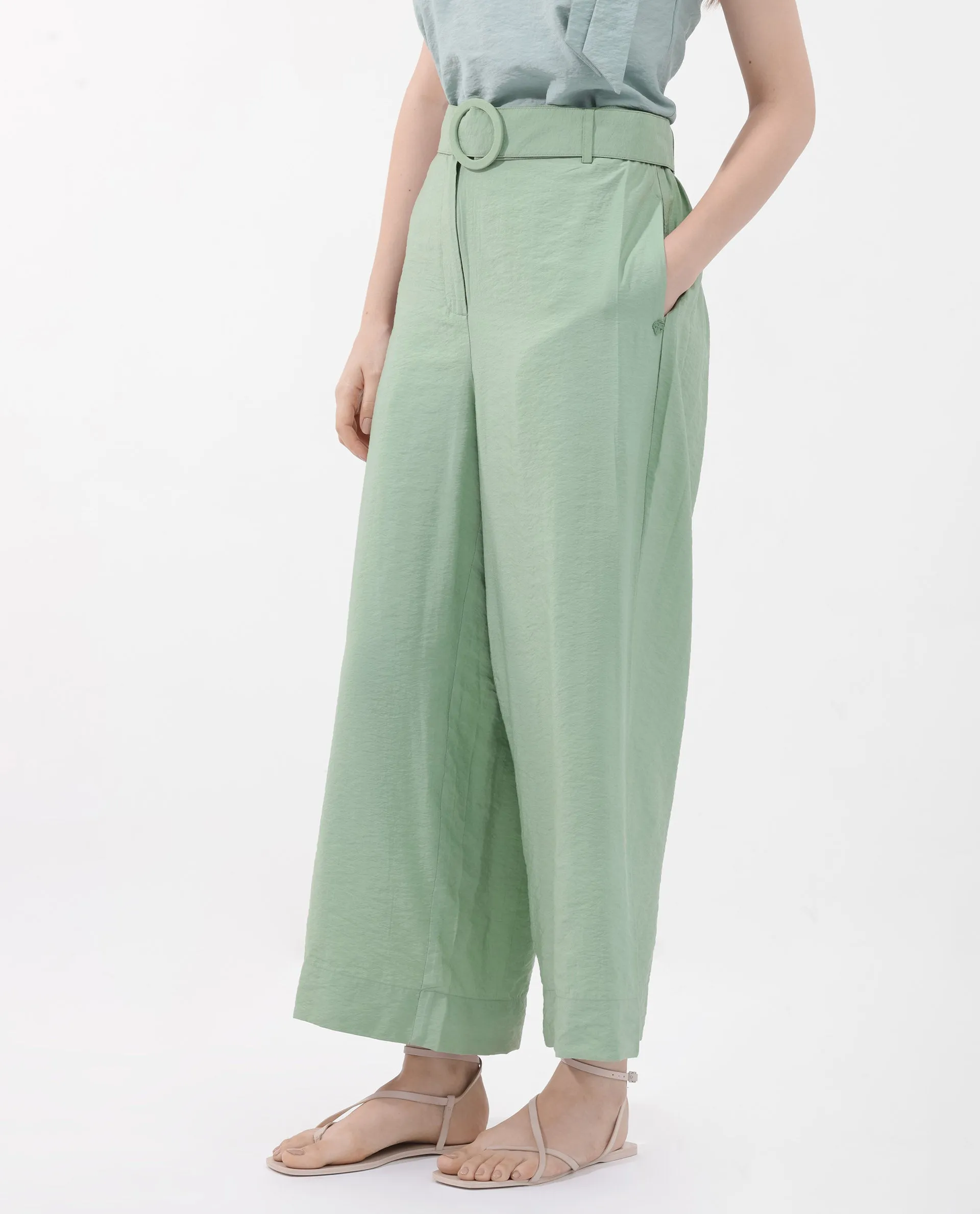 Rareism Women Millinia Pastel Green Viscose Nylon Fabric Button Closure Straight Fit Plain Ankle Length Trousers