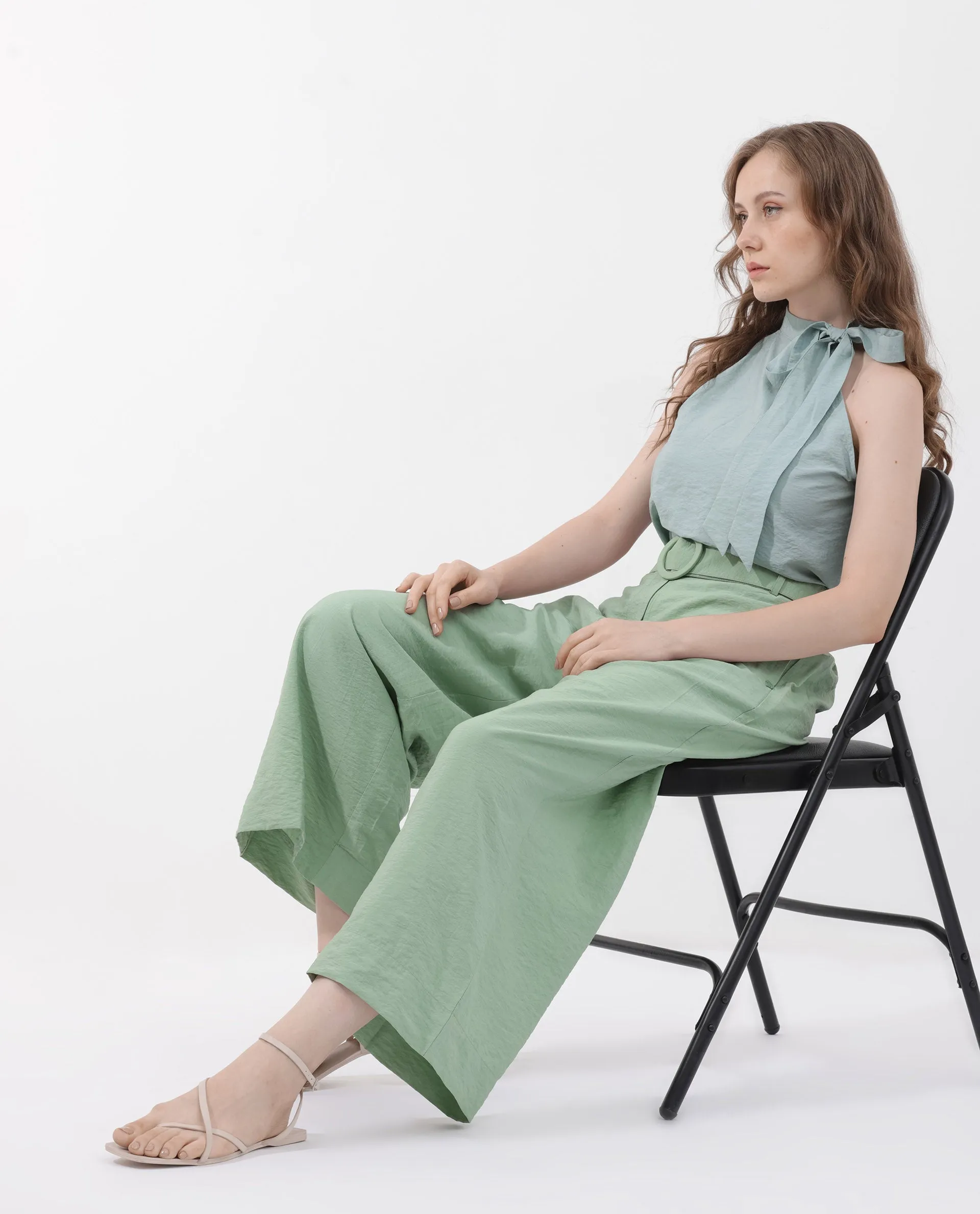 Rareism Women Millinia Pastel Green Viscose Nylon Fabric Button Closure Straight Fit Plain Ankle Length Trousers