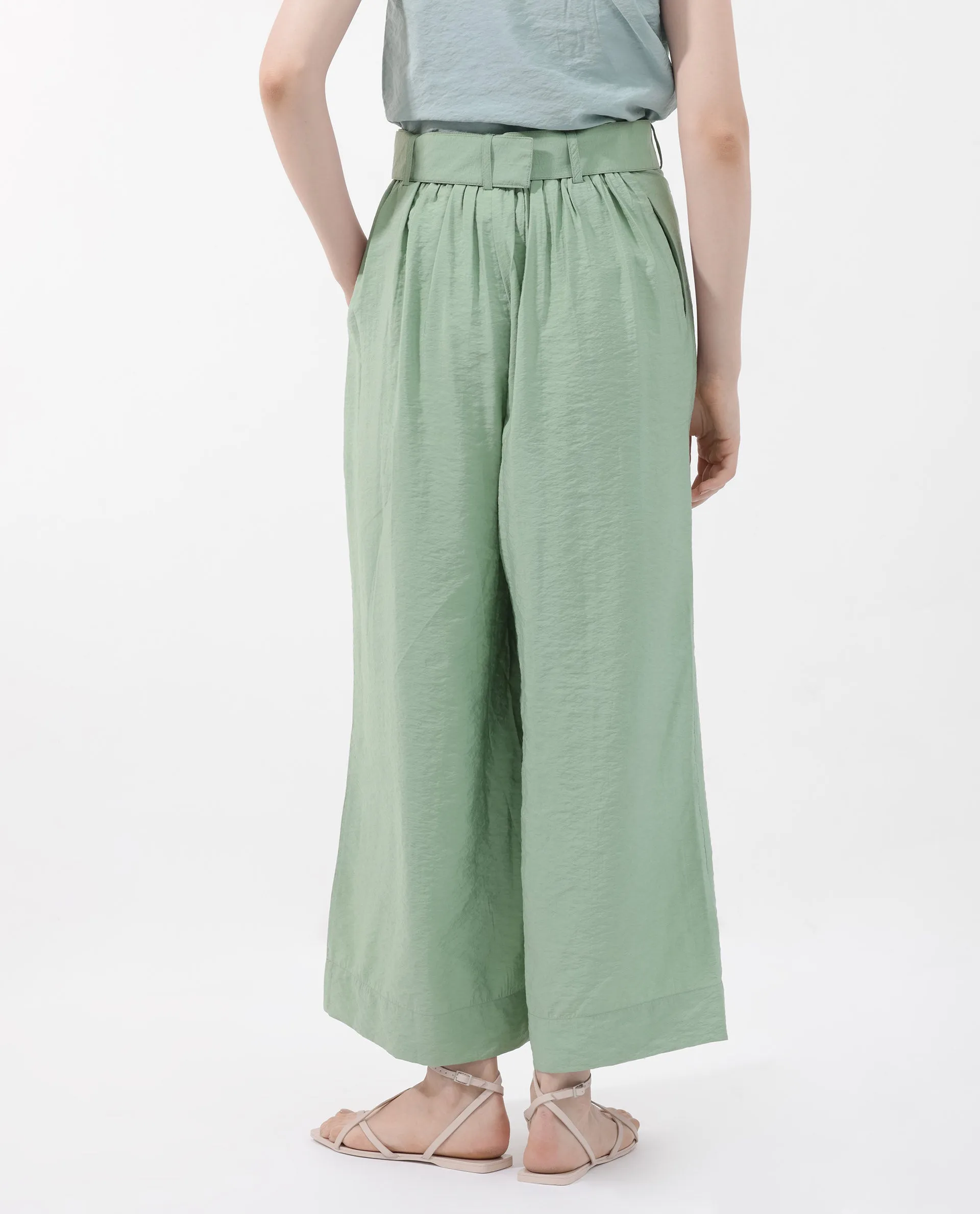 Rareism Women Millinia Pastel Green Viscose Nylon Fabric Button Closure Straight Fit Plain Ankle Length Trousers