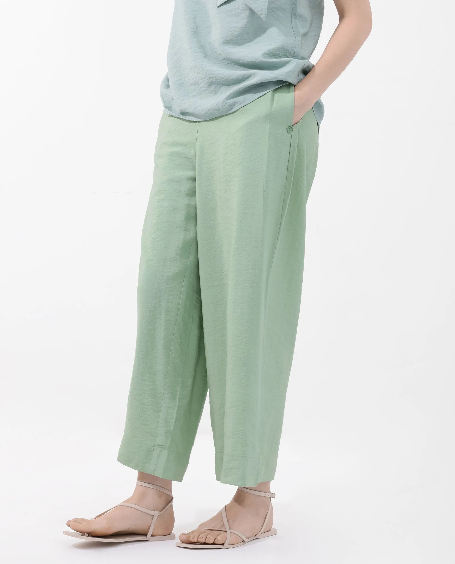 Rareism Women Millinia Pastel Green Viscose Nylon Fabric Button Closure Straight Fit Plain Ankle Length Trousers