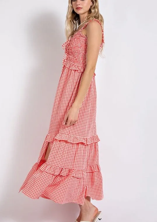 Red and White Gingham Tiered Maxi Western Dress