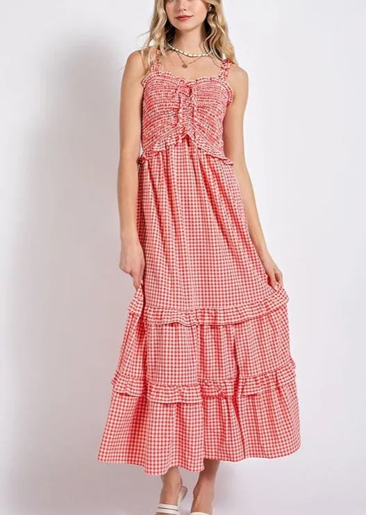 Red and White Gingham Tiered Maxi Western Dress