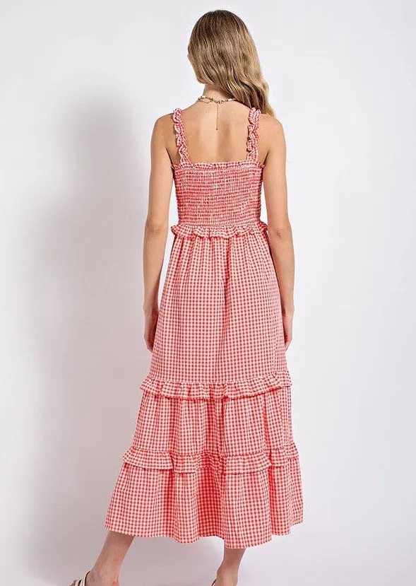 Red and White Gingham Tiered Maxi Western Dress