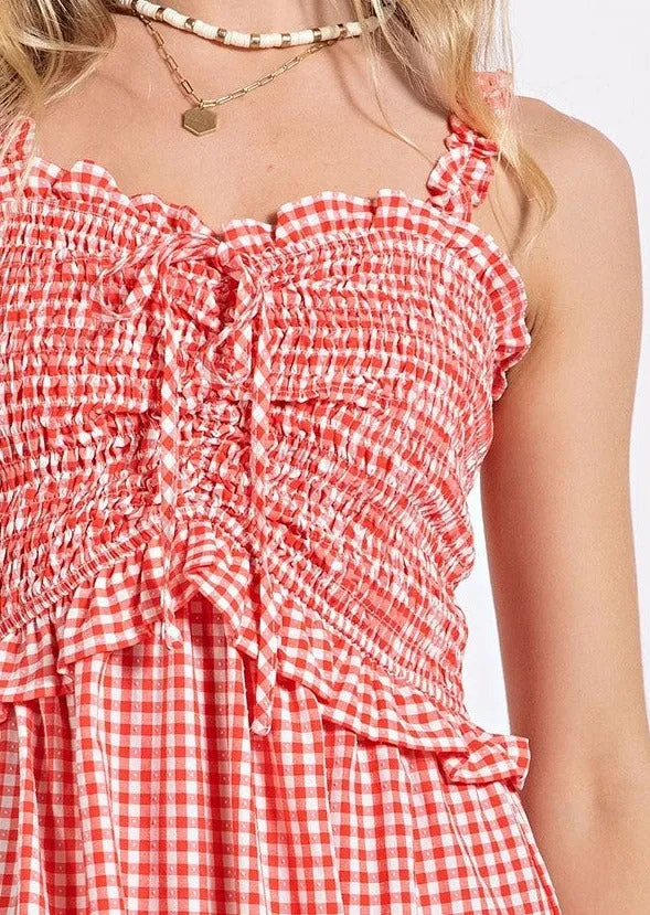 Red and White Gingham Tiered Maxi Western Dress