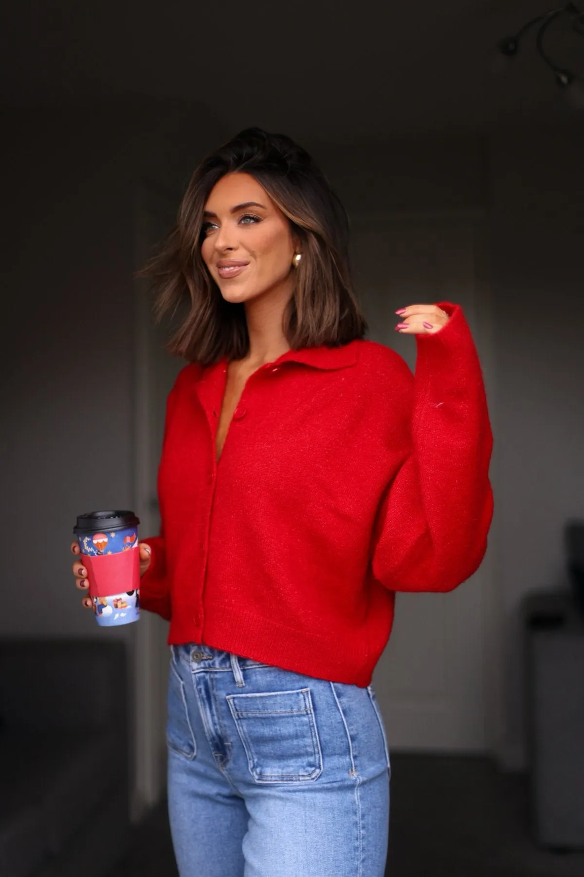 Red Button Up Sweater Cardigan