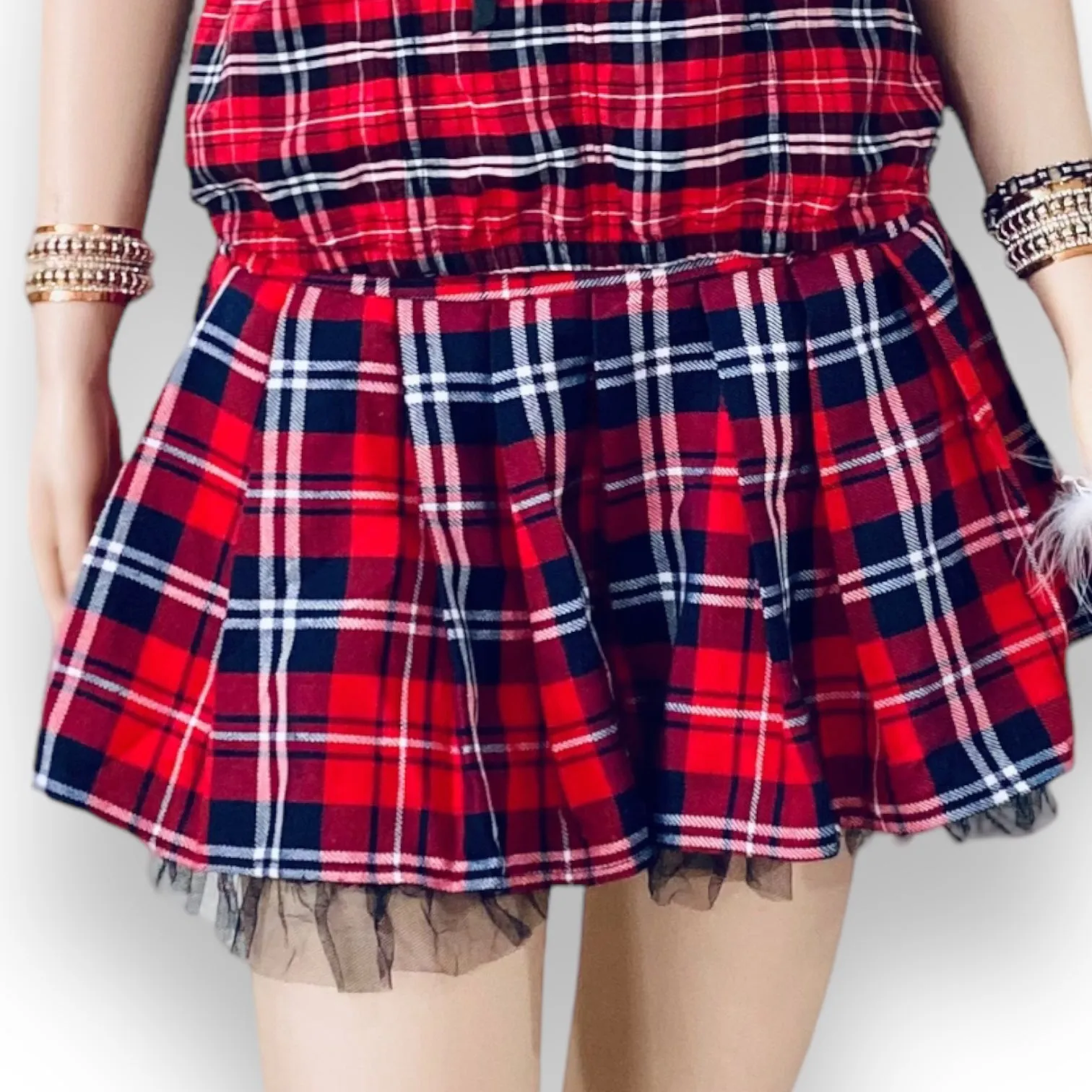 Red Tartan Tulle Mini Skirt