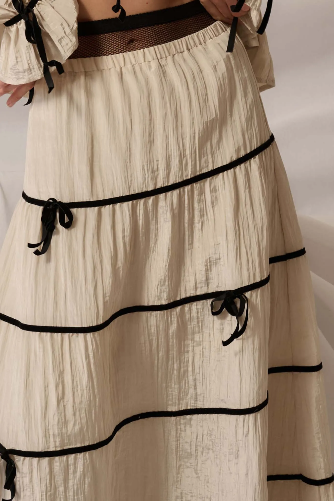 Romantic Dream Velvet-Trim Satin Tiered Maxi Skirt