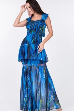 Ruffle Sleeve Tiered Bottom Print Long Dress