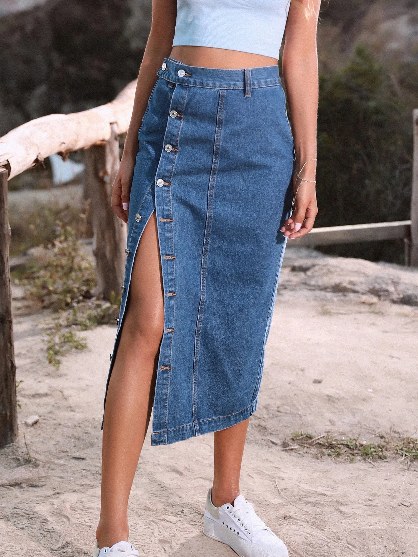 Side Button Denim A-line Midi Skirt (7 colors)