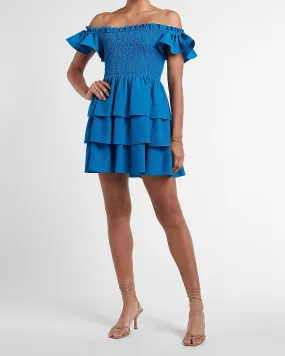 Smocked Ruffle Off The Shoulder Dress in Mykonos Blue