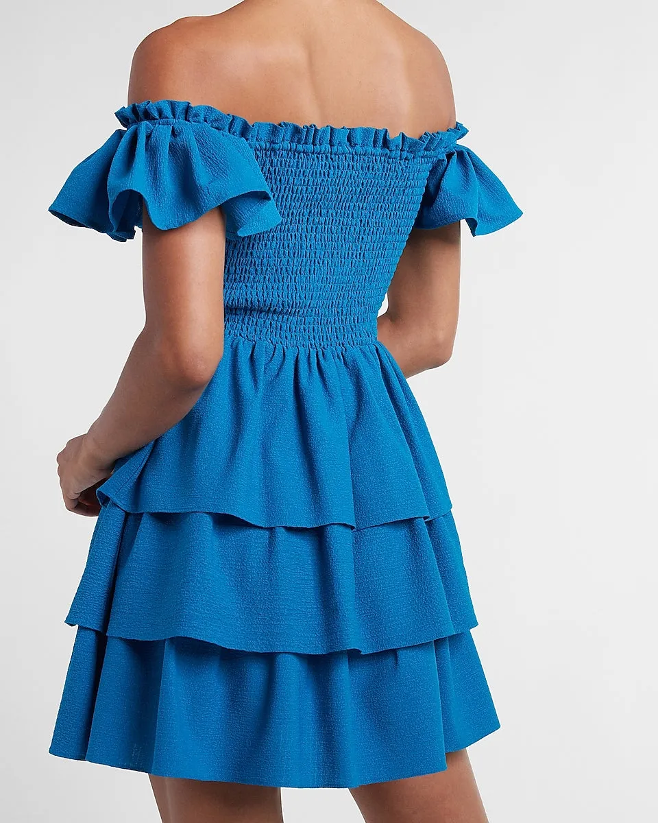 Smocked Ruffle Off The Shoulder Dress in Mykonos Blue