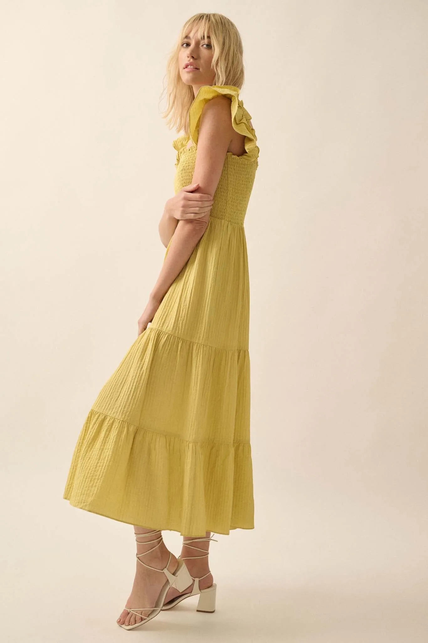 Spring Fling Textured Stripe Ruffle Midi Dress