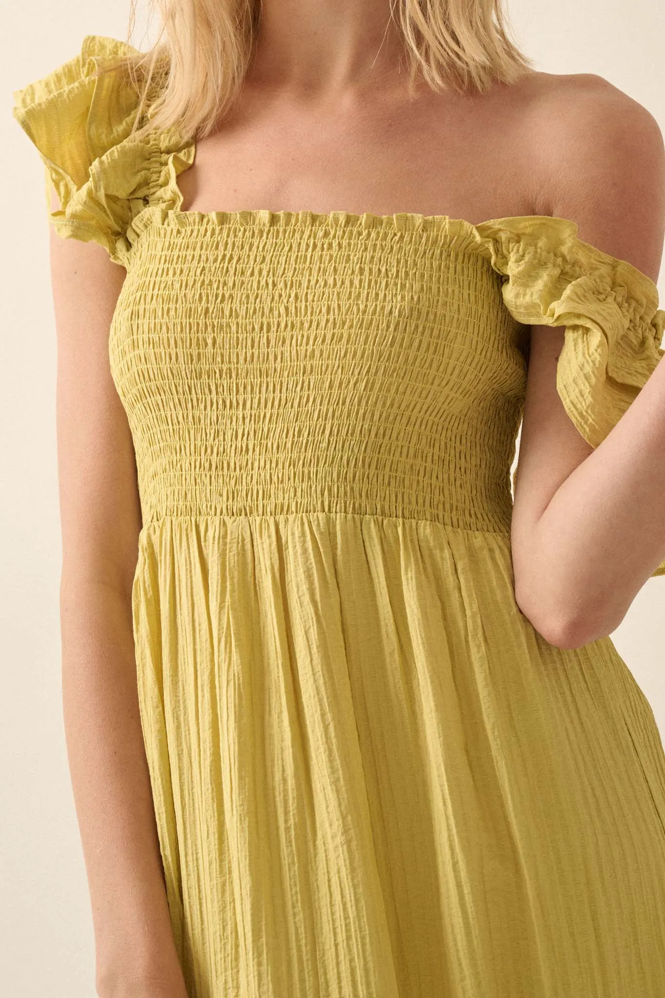 Spring Fling Textured Stripe Ruffle Midi Dress