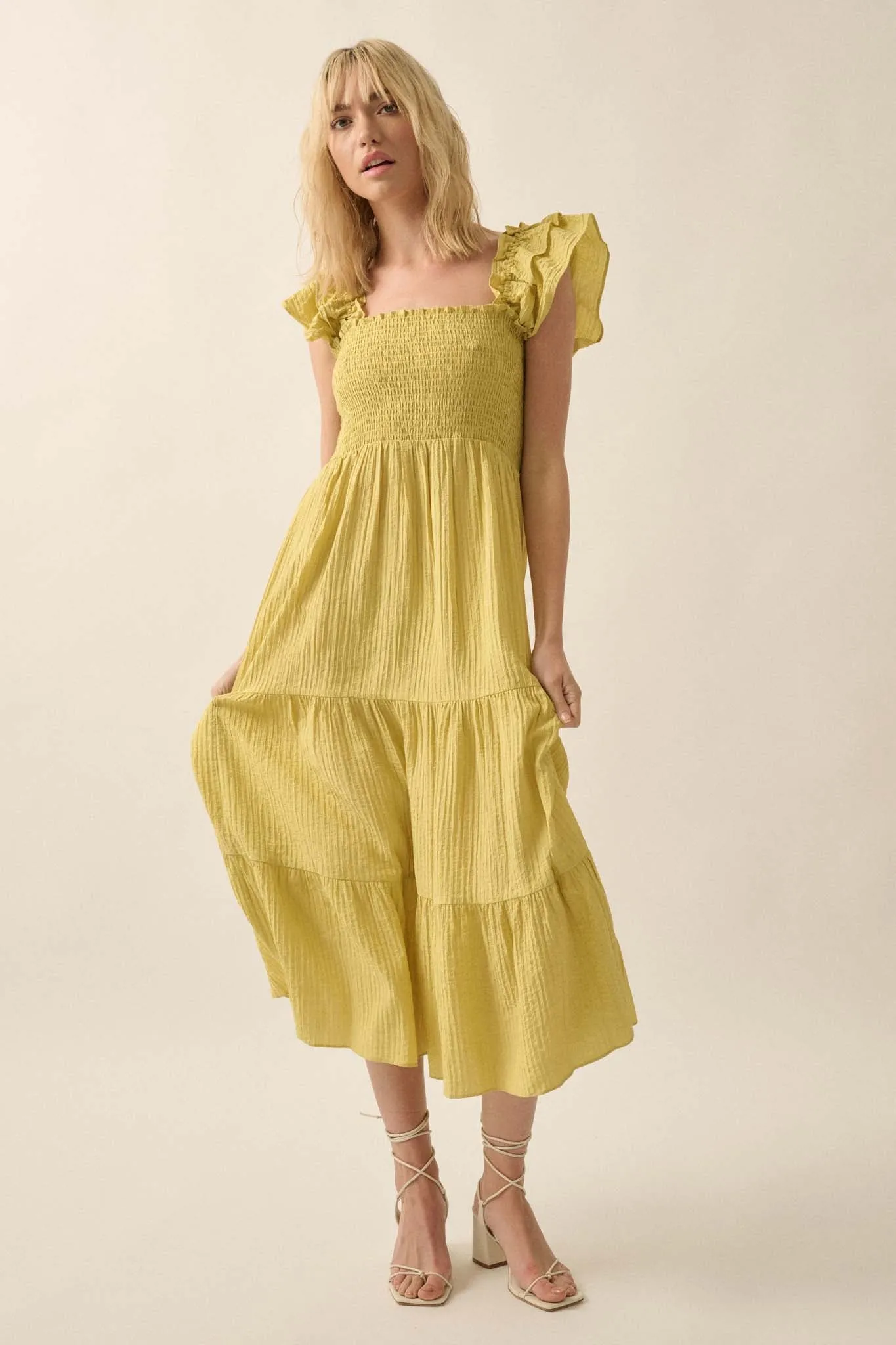 Spring Fling Textured Stripe Ruffle Midi Dress