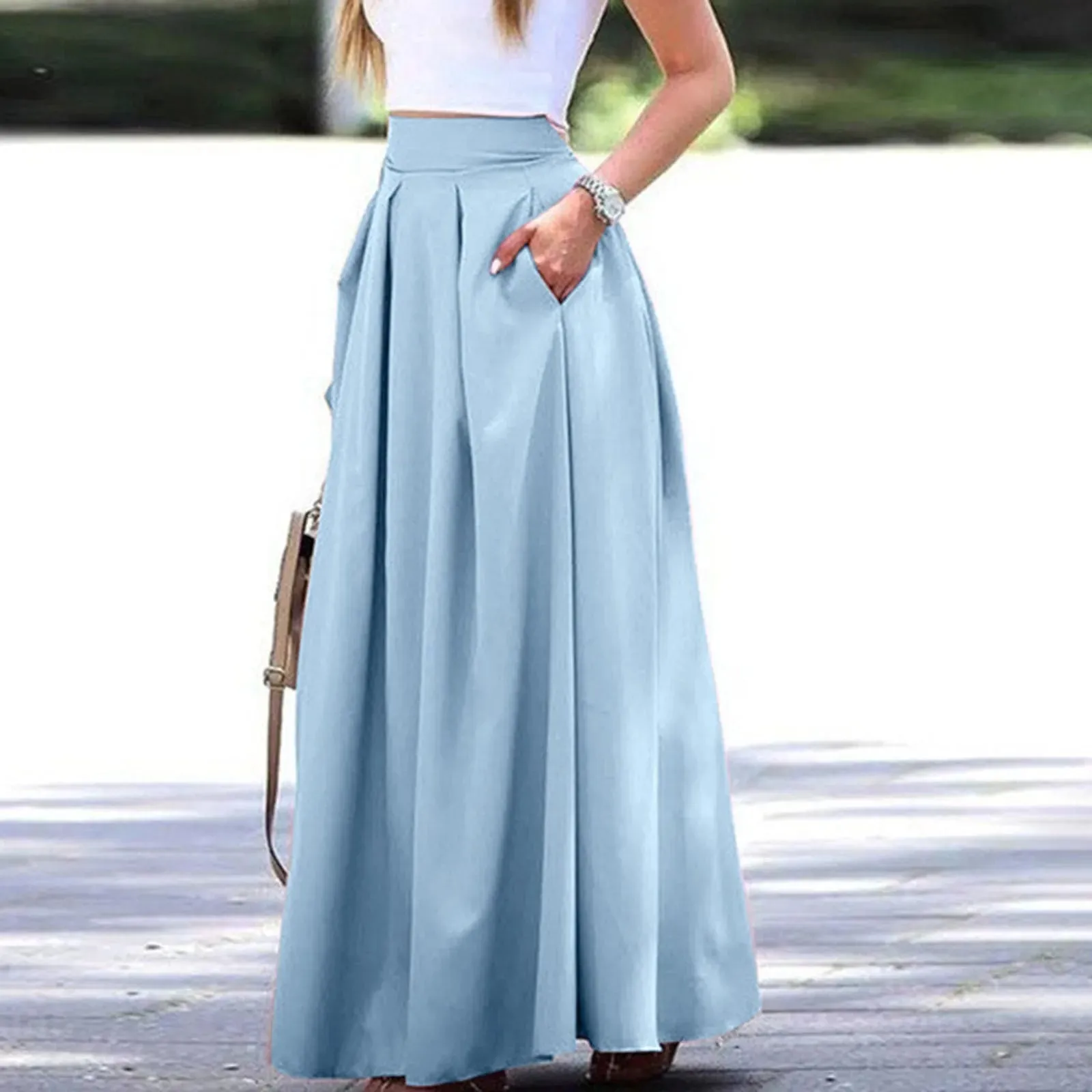 Spring New Ankle Length High Waist A-line Pockets Solid Color Pleated Office Lady Maxi 2024 Skirt