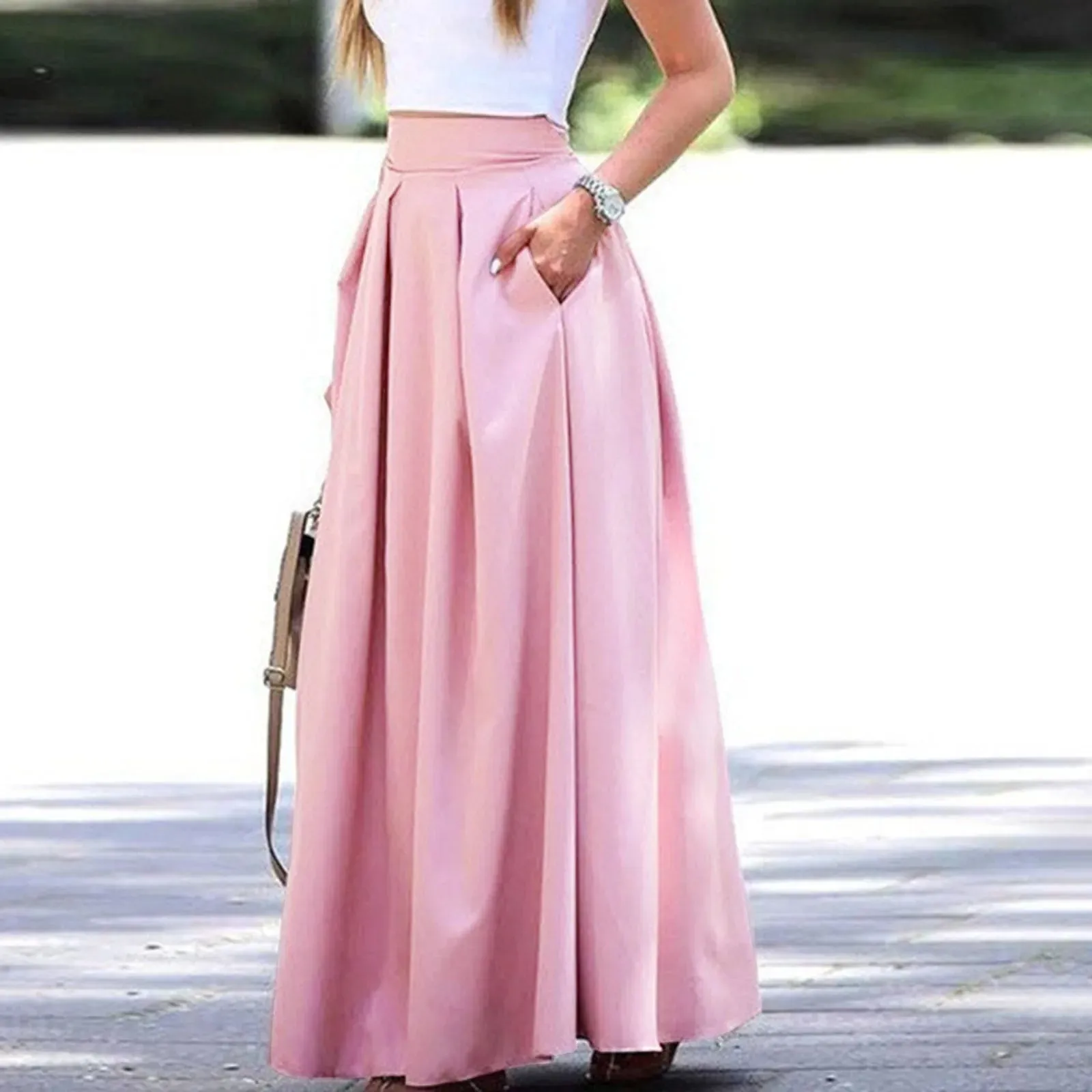 Spring New Ankle Length High Waist A-line Pockets Solid Color Pleated Office Lady Maxi 2024 Skirt