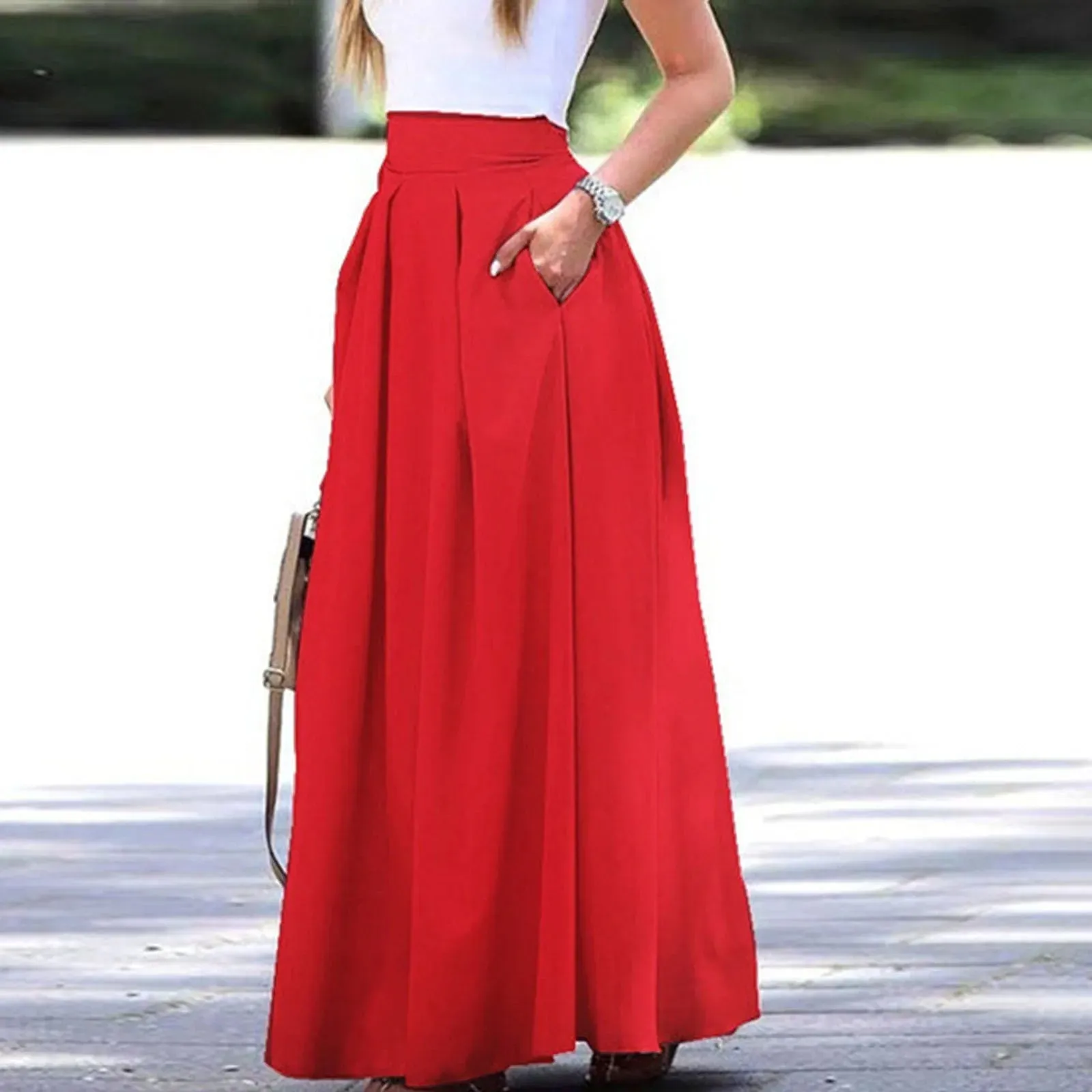 Spring New Ankle Length High Waist A-line Pockets Solid Color Pleated Office Lady Maxi 2024 Skirt