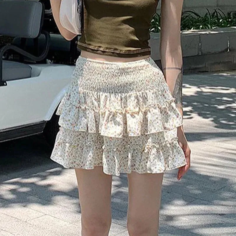 Sweet Splice High Waist Ruffled Frill Summer Fashion Floral Mini Skirt