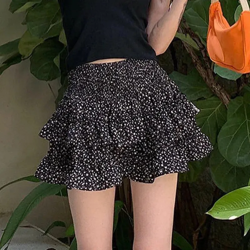 Sweet Splice High Waist Ruffled Frill Summer Fashion Floral Mini Skirt