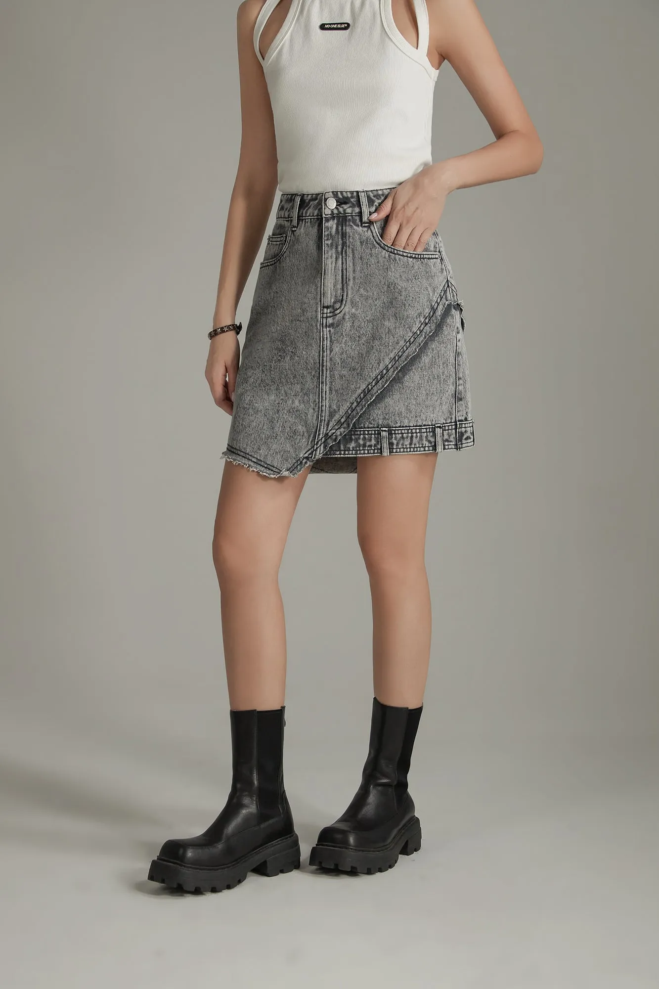 Unbalanced High Waist Denim Mini Skirt