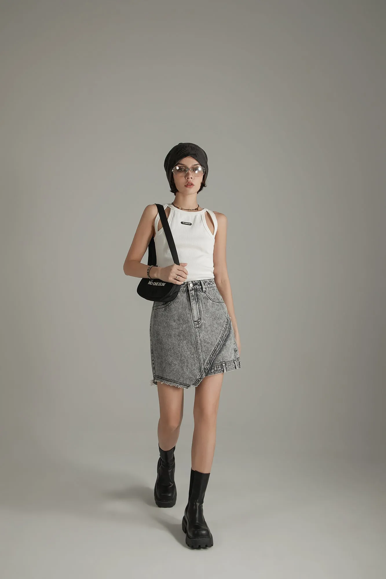 Unbalanced High Waist Denim Mini Skirt