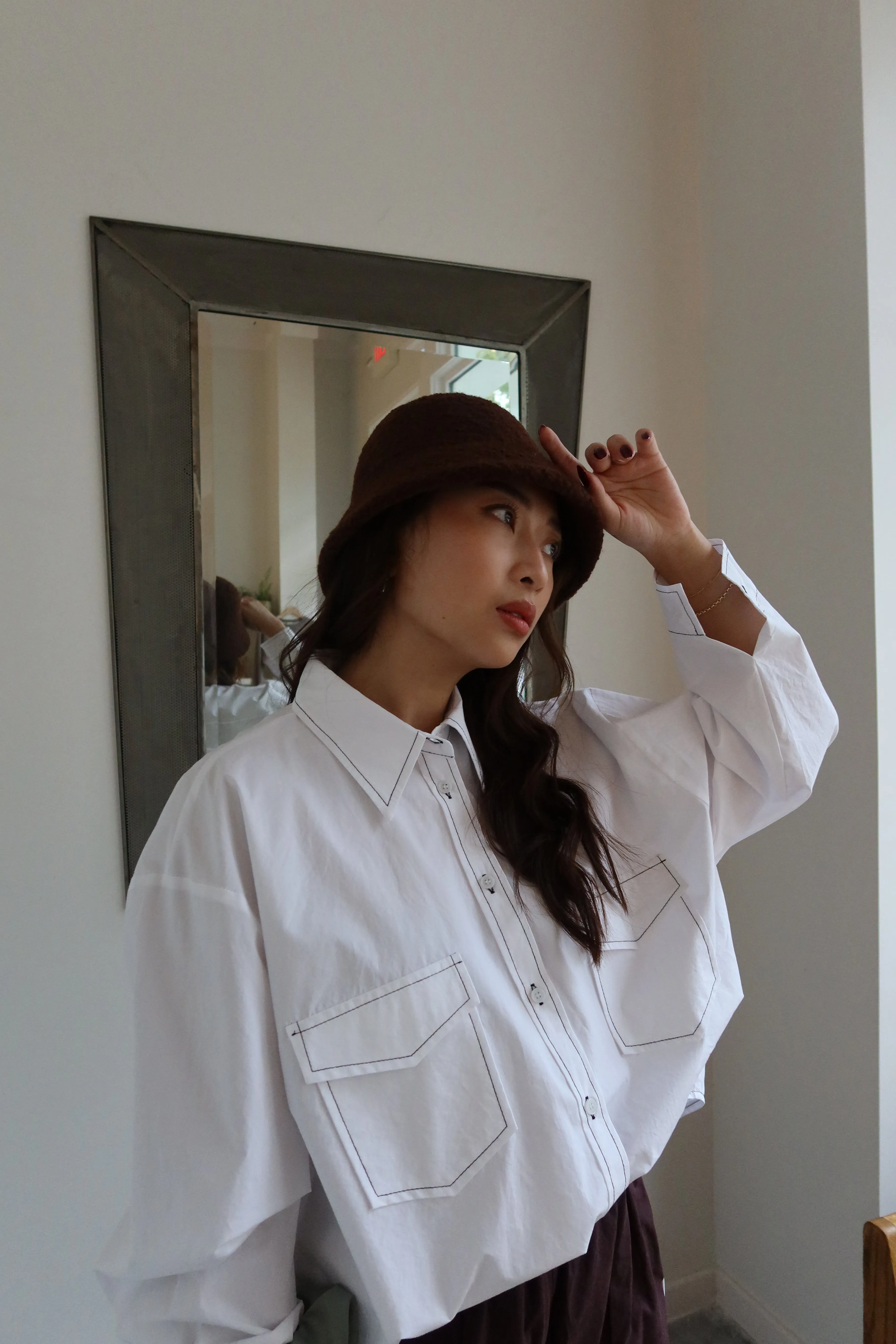 White Contrast Stitch Oversized Button Down