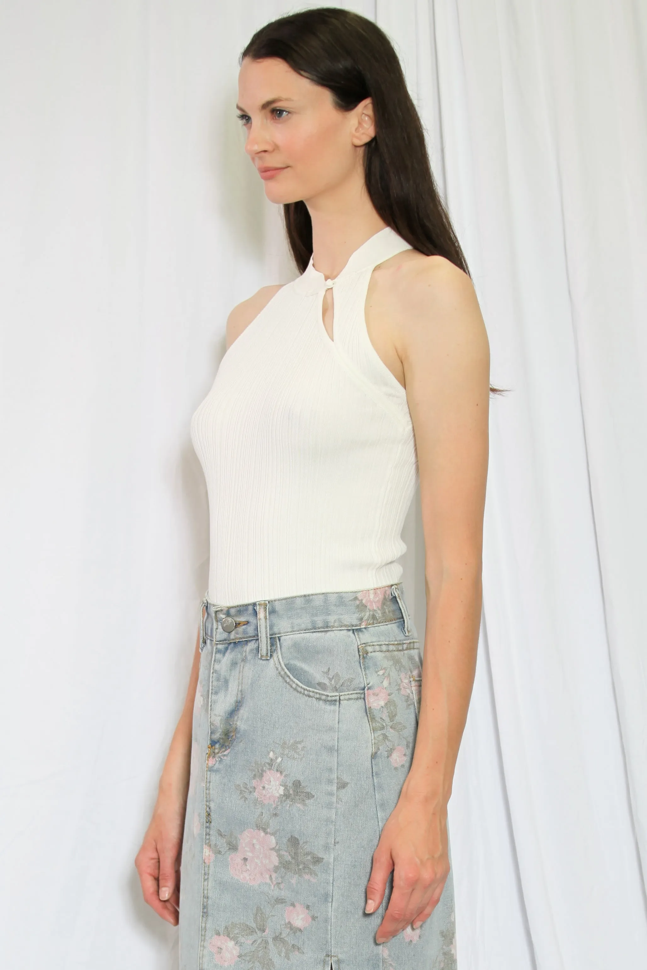 White Rib-Knit Qipao Tank Top