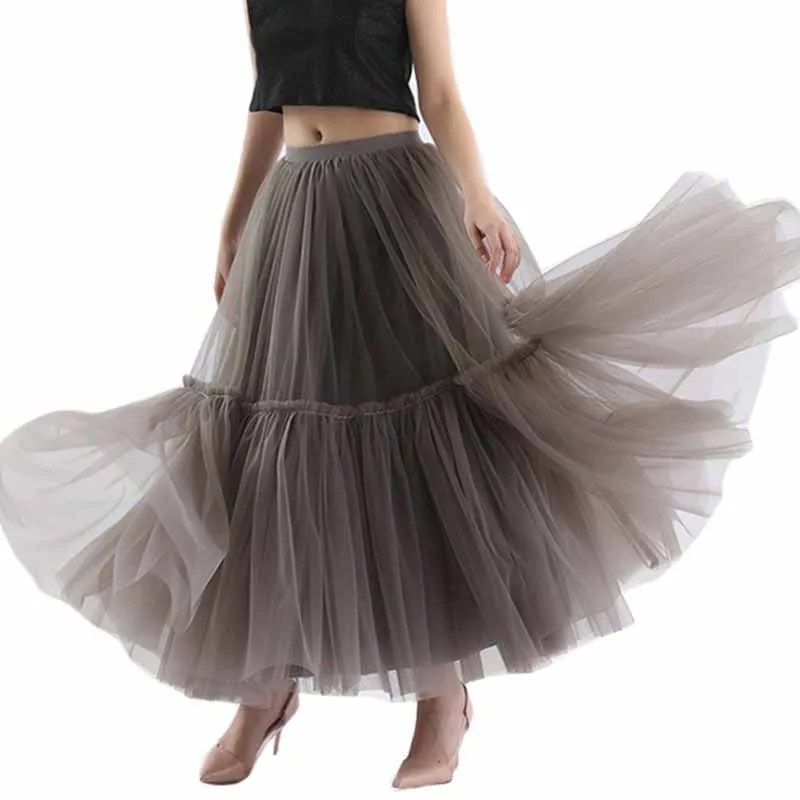 Women Ankle/Full Length Elastic Pleated Maxi Mesh Long Tutu Skirt