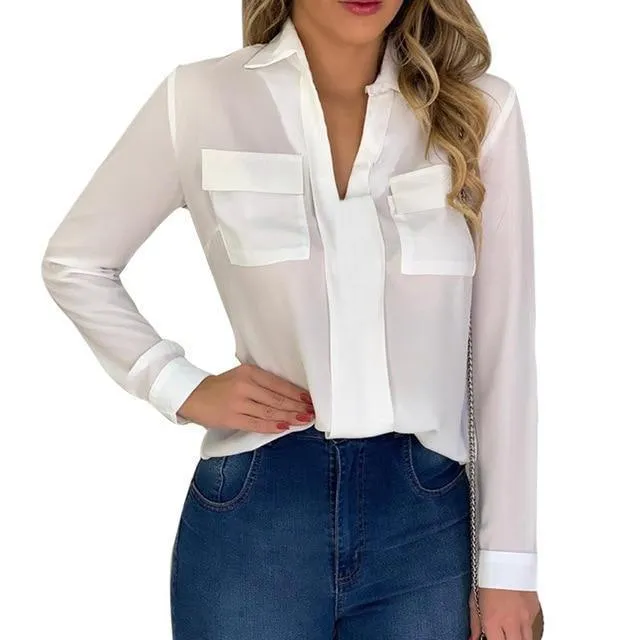 Women Blouse, Chiffon Blouse With Pockets, Plus Size