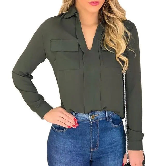 Women Blouse, Chiffon Blouse With Pockets, Plus Size