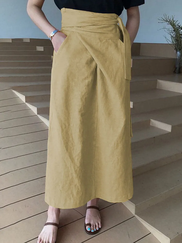 Women Cotton A-Line Casual Belted High Waist Maxi Skirts With Pocket